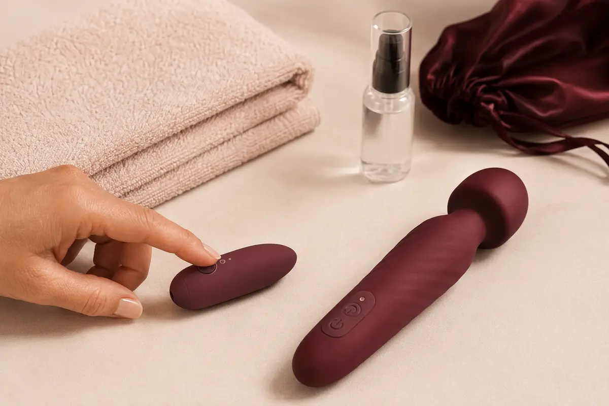 Kompaktes Vibrationsprodukt und Massagestab mit gut sichtbaren Bedienelementen