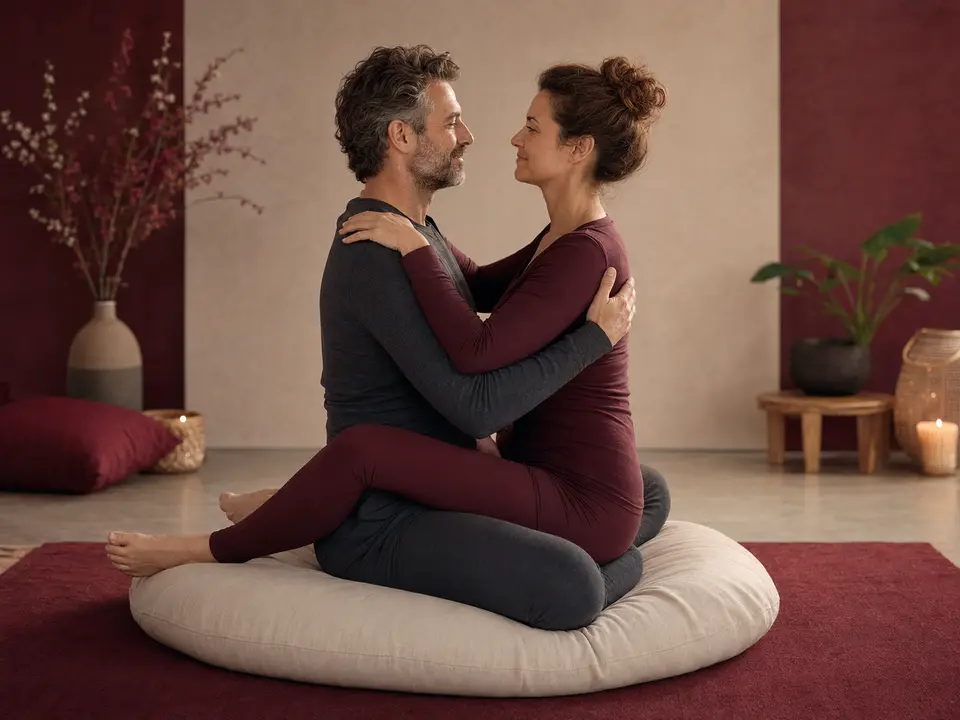 Vollständig bekleidetes erwachsenes Paar in sitzender Umarmung